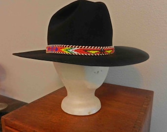 Cool Black Felt Cowboy Hat w/ Vintage 60's Indian Beaded Belt Hatband Sz. 7 1/2