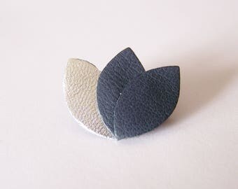 Brooch silver and dark gray leather