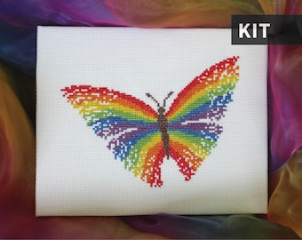 Rainbow butterfly cross stitch kit, modern embroidery kit, make your own craft, needlework - includes full instructions