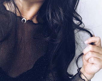 Boho MINI Crescent Moon Horn Necklace w/ Satellite Chain, Layering Necklace, Horn Necklace, Double Horn Necklace, Crescent bone necklace