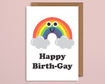 Gay birthday card. lesbian birthday card. gay pride. rainbow with clouds. happy birth-gay. lesbian gift. art. lgbt. queer. femme. handmade