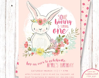 Bunny Birthday Invitation, Summer Birthday Invitation, Floral Birthday Invitation, First Birthday Invitation, Bunny Birthday Invitation