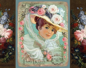 French Shabby Chic Victorian Girl Large Image Printable Digital Download Transfer Pillow Tote Fabric Transfer Gift Bag