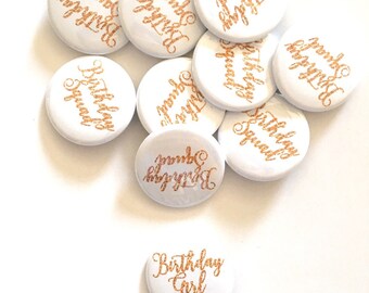 10 pcs Birthday Girl Birthday Squad badge pin pinback button faux gold glitter