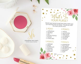 What's In Your Purse, Purse Raid Game, Pink Roses, Gold Confetti, Printable Bridal Game, DIY Bridal Shower Game, Instant Download, SH02 SH24