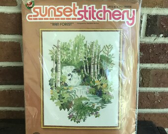 Vintage New old Stock Sunset Stitchery Rainforest Needlepoint Kit, Jungalow embroidery kit, nature crewel kit, diy embroidery, deadstock