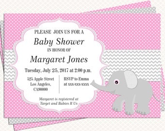 Elephant Baby shower Invitation. Pink and Gray. Girl Baby shower. Invitation printable. Personalized tags