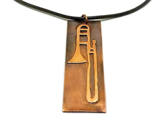 Copper Trombone Pendant, Hand Sawn Trombone Key Chain, Band Jewelry, Brass Instrument, Unique Birthday Gift, One of a Kind