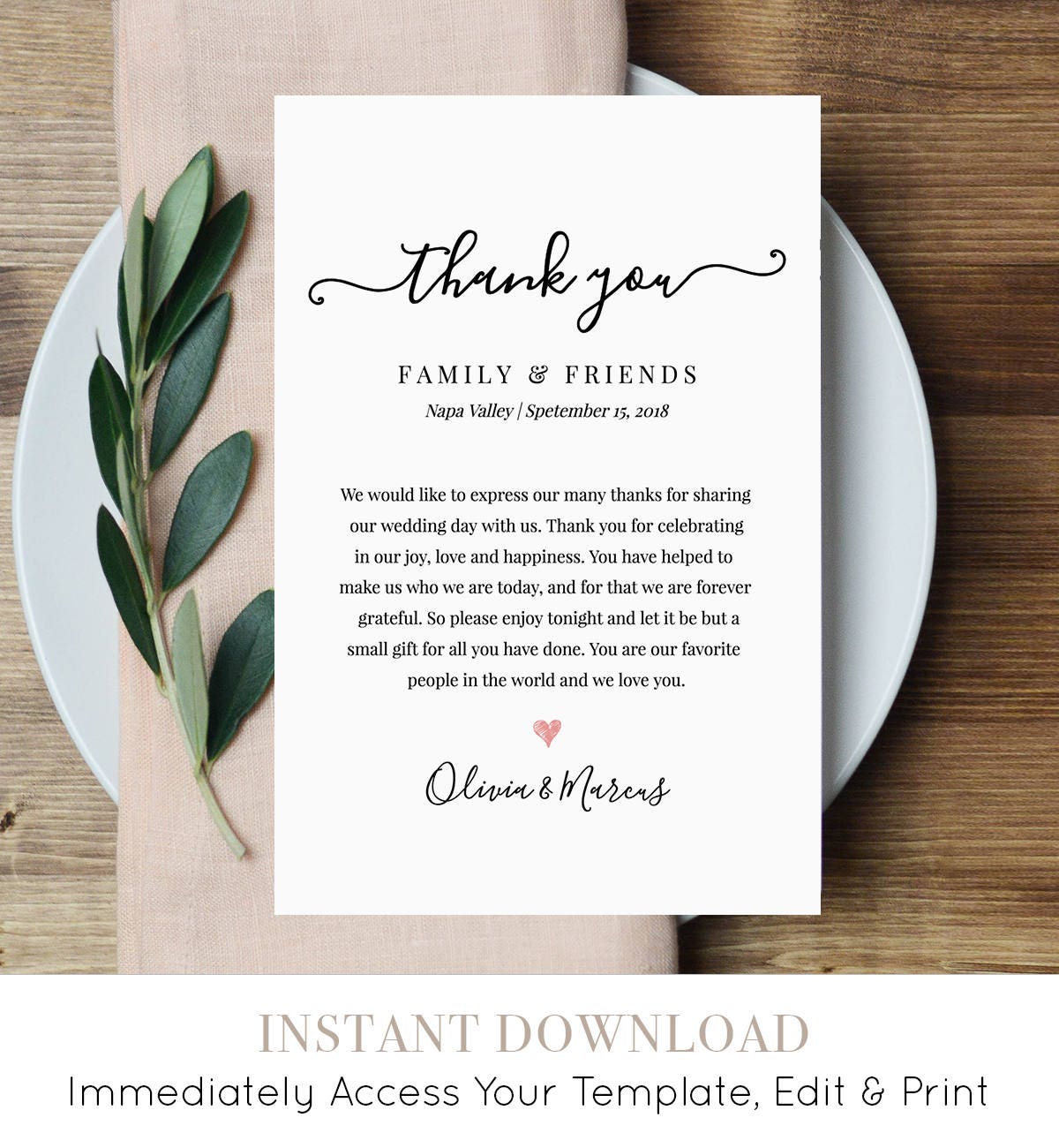 Wedding Thank You Letter, Thank You Note, Printable Wedding In Lieu of