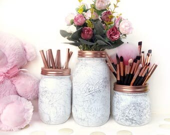 Marble desk accessories, Rose gold marble, marble home decor, white marble mason jar, makeup brush holder, marble storage, marble office pot