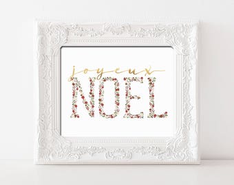 Gold Christmas Floral Joyeux Noel Printable Wall Art Christmas Flowers Decor Christmas Print Joyeux Noel Print Joyeux Noel Floral Christmas