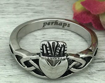 Irish Celtic Claddagh Ring, Personalize Custom Engrave Stainless Steel Celtic Claddagh Ring, Love Loyalty & Friendship Ring-SSR552