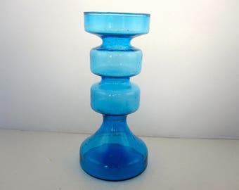 Vase bleu en verre soufflé -1970