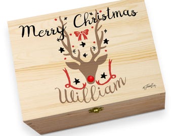 Reindeer Antlers Personalised Wooden Printed Christmas Eve Box