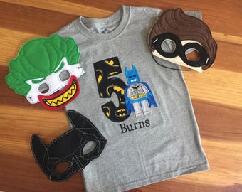 Lego Batman Superhero Birthday shirt or infant bodysuit personalized embroidery and appliqué