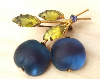 Vintage Signed Austrian Crystal Fruit Pin Berries Plums Purple Green Nature Sweater Scarf Pin Brooch
