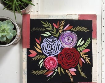 Original Flower Painting// Paint Torn Paper Collage // Original Collage & Painting // Pink and Purple Flowers // 12 x 12 Inch Painting