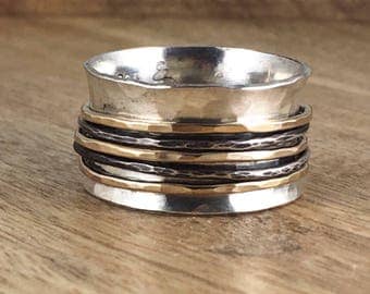 Sterling Silver and Gold Spinner Ring - Mixed Metal - Black Silver - Black and Gold - Fiddle Ring - Worry Ring - Silver Band Ring