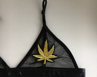 Festival Clothing Rave Outfit Gold Leaf Weed Leaf Marijuana Hash 420 Black Fishnet Bra Bralet Faux Leather Look Lingerie