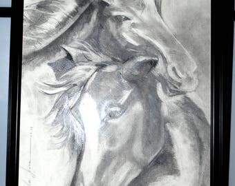 Original Pencil Drawing on Paper. Horses. Couple