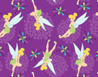 In Stock- Disney Fabric, Tinker Bell Fabric: NEW Disney Tinkerbell Toss Purple 100% cotton fabric by the yard 36"x43" (SC373)