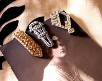 Original Vintage Art Deco 1930s 1940s Dress Clips x 3 Job Lot Paste Rhinestones Marcasite Flapper Jewellery Gatsby
