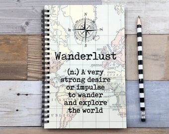 Writing journal, spiral notebook, sketchbook, bullet journal, vintage map, definition blank lined or grid paper, travel journal - Wanderlust