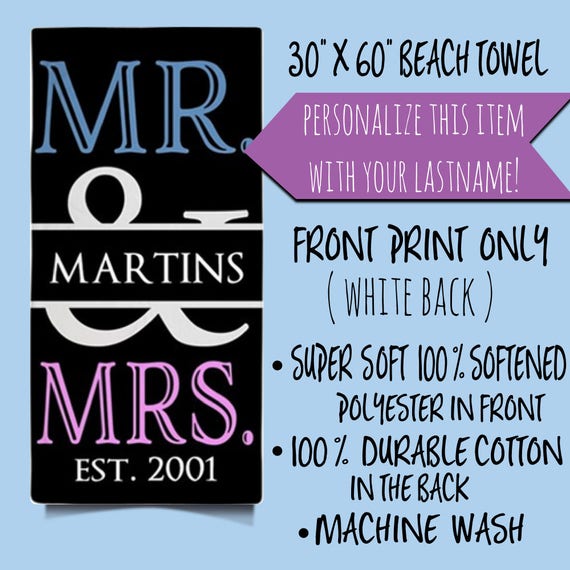 Personalized Beach Towel,Pink and Blue Mr. and Mrs. Personalized Beach Towel,Monogram Beach Towels, Custom Beach Towel, Wedding Beach Towels