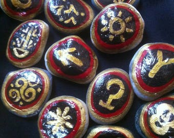 13 Sea Stone Witches Rune Set With Pouch And Guide- Fire Element Red And Gold