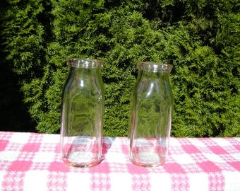Pair Half Pint Milk Bottles, Vintage clear mid century glass jars in great condition, marked 54 and 56, collectors gift