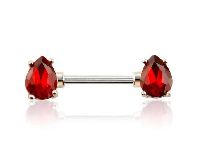 Teardrop Ruby Red Gold Accent Prong Set 316L Surgical Steel Nipple Bar