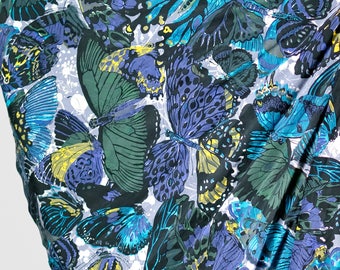 50s Novelty Print Circle Skirt / 1950s Butterfly Full Gored Skirt Size XS / 50's Below the Knee Swing Skirt / 1950's Blue Cotton Midi Skirt