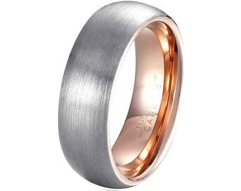 Mens Tungsten Wedding Band Rose Gold Plated Inside, Tungsten Ring. Promise Ring, Mens Wedding Band, Brushed Surface Comfort Fit 6mm & 8mm