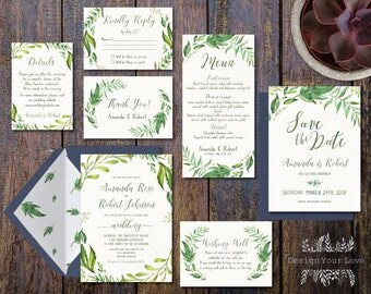 printable greenery wedding invitation suite green wedding invitation set floral garden wedding green wreath invitation leafy wreath invite