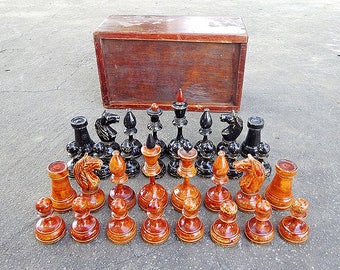 Antique chess pieces USSR / Old wooden chessmen / Soviet chess pieces vintage / Rare russian chess figures