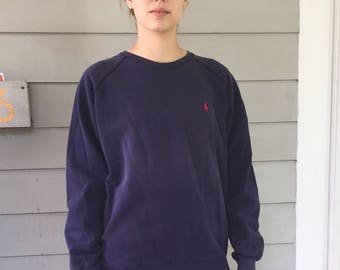Vintage 80s Rare Classic Soft Navy Blue Polo Raglan Sleeve Sweatshirt | men's M