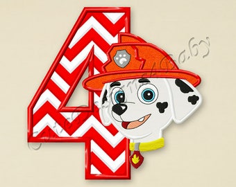 Paw Patrol Marshall Number 4 applique embroidery design, Paw Patrol Machine Embroidery Designs, designs baby, Instant download #056
