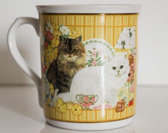 Vintage Persian Cat Mug ~ 1996 ~ Persian Cats ~ Yellow Striped Fancy Cat Lady Coffee Cup ~ Pair of Cats on a Coffee Mug ~ Persians