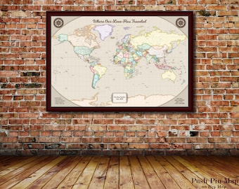 1 Year Anniversary Gift For Her, Detailed World Push Pin Map, 24x36 or 30x40 Mounted Map, 100 Push Pins