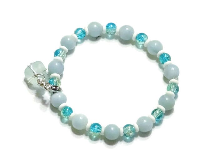 Beaded Bracelet - Aqua beach glass charm - beads - stretch bracelet - blues and aquas - Pretty and Beachy