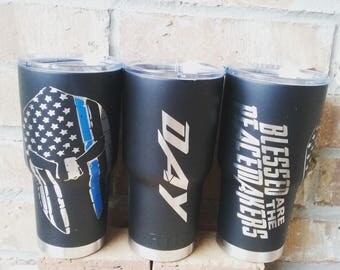 Thin Blue Line, Tumbler, Spartan Helmet, Blessed are the Peace keepers, Police Tumbler, 30 OZ, Thin Green Line, Custom Painted Tumbler,