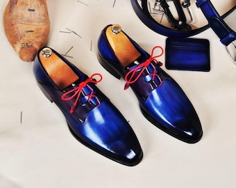 TucciPolo Mens Oxford Handmade Classic Blue with Red Wrapped Laces Luxury Italian Leather Shoe