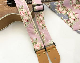 NuovoDesign Floribunda Lilac Ukulele strap with leather ends, end pin and tie string included
