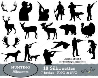Hunting Silhouettes - 7 inches - PNG & SVG files - Hunter - Hunting svg - Deer - Moose - Gun - INSTANT Download