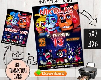 Five nights at freddys invitation + free Thank you cards. Five nights at freddys party supplies. 5 nights at freddys party