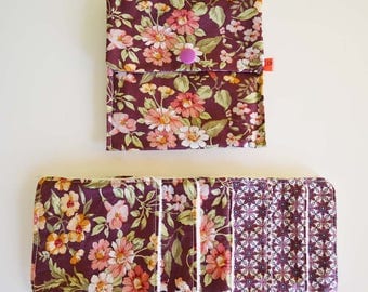 Wipes cleansing washable tencel micro-eponge cover + organic "Burgundy, green and orange flowers"