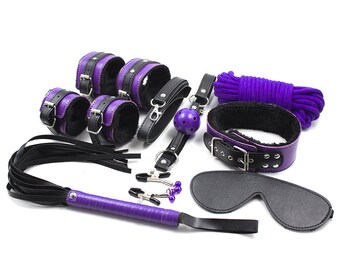 7 pieces Bondage set BDSM kit restraints padded fur gear kinky fetish gag wrists and ankle cuffs with collar rope whip and blindfolder