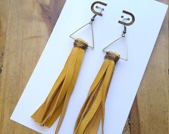 Mustard Yellow Deerskin Fringe + Bronze Triangle Earrings, Boho, Minimalist Style, Fall Colors, Autumn, Genuine Leather