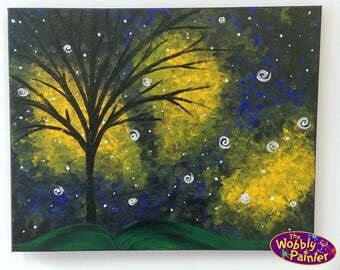 Acrylic Painting "Northern Lights" 16x20 colorful art paint on canvas aurora borealis abstract tree stars unframed