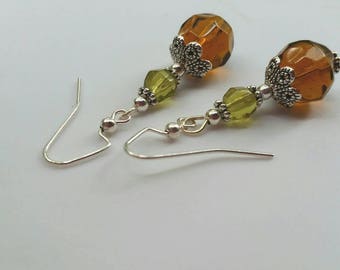 Honey, Brown, Green, Faceted Glass, Dangle Earrings, Fall, Autumn, AnnaMelDesigns, Dangle Earrings, Silver Earrings